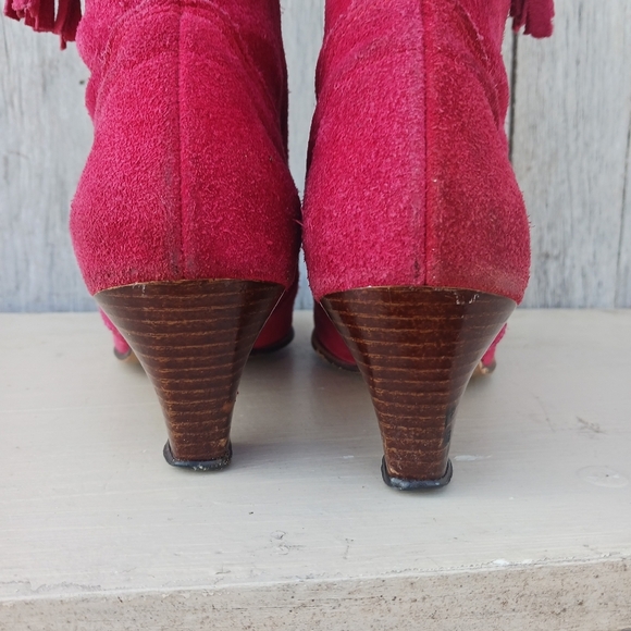 Vtg 70s Red Suede Western Cowgirl Boots Women's Size 8M High Heel Fringe Boho - Picture 7 of 8